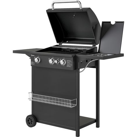 Gasgrill mit 3 Brennern + 1 Seitenbrenner, Stahl, 9,5 kW, Garten, 2 Grillroste, Ablagen, 2 Räder, schwarz