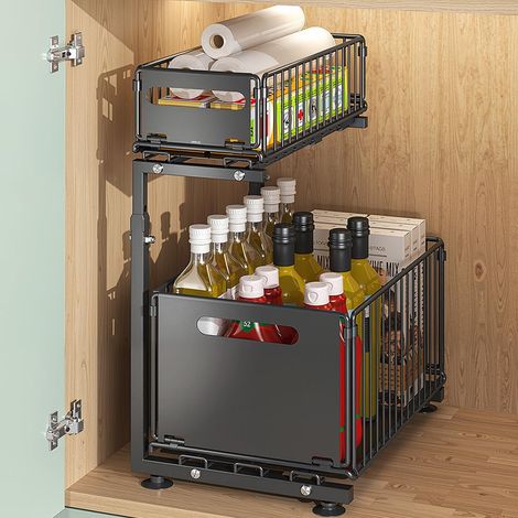 Rangement sous Evier Cuisine Coulissant 2 Niveaux Etagere Epices Cuisine Porte-Épices sous Étagère en Métal Rangement Épices Cuisine 37.5  26.5cm pour Salle de Bain, Chambre, Bureau (Noir)
