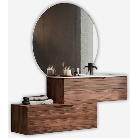 Mobile bagno sospeso con lavabo e specchio led Solmira - Marrone Scuro