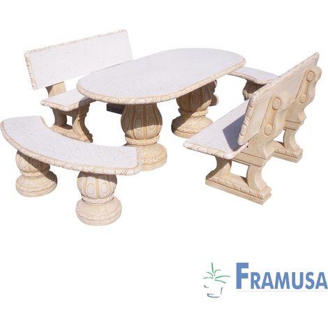 CONJUNTO COMEDOR PIEDRA OVALADO JARDIN FRESNO PULIDO OCRE