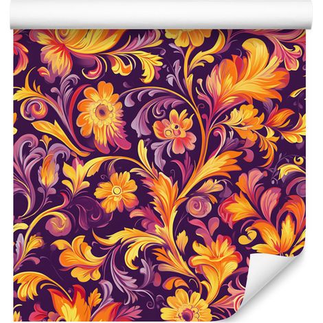 Carta da parati con intricato motivo floreale oro e viola 50x1000 cm (1/5)