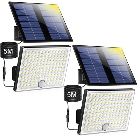 Lampe Solaire Extérieur detecteur de mouvement, lumière led solaire exterieur puissante 113 LED 2000mAh 4 Modes, luminaire spot solaire éclairage mural d'extérieur avec câble 5M, 2 pièces (1/5)