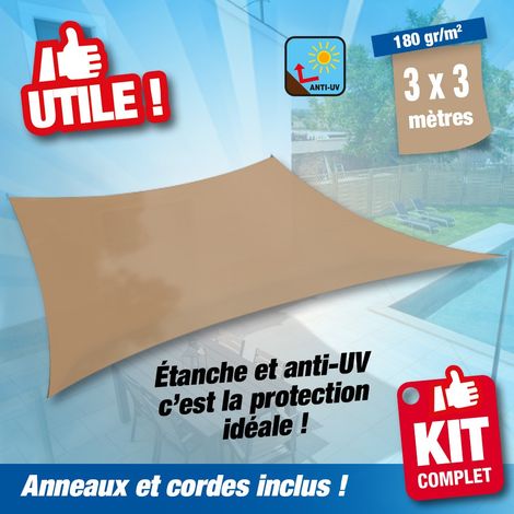 Voile d'ombrage étanche carré 3 x 3 m – Tissu Oxford 420D – Coefficient d'étanchéité 1500-2000 mm – Protection anti-UV 30+ – Outiror (1/5)