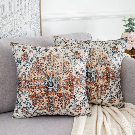 Taie d'oreiller Canapé 45 x 45 Lin Bleu Housse de Coussin Ethnique Boho Turque Tapis Rouille Motif Ferme Housses Coussins Décoratif pour Maison Salon Chambre, Lot de 2 (1/5)