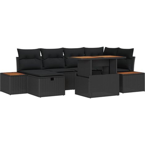 Gartensofa-set mit Kissen 7 pcs Schwarz Poly-Rattan