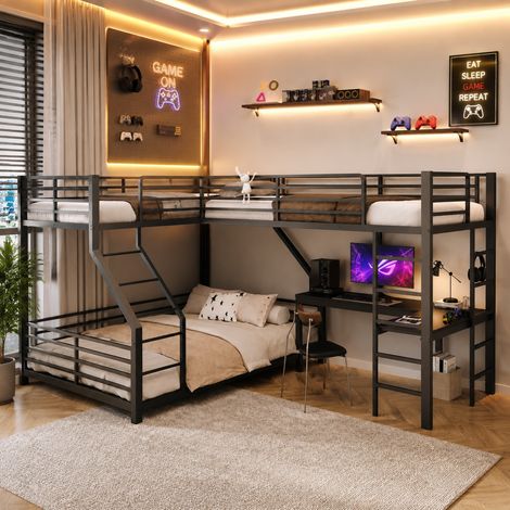 Lit superposé métal 3 couchages 90x200 et 140x200 cm avec bureau, prise double USB et USB-C, certifié EN 747, MDF, noir (1/5)