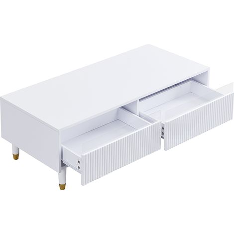 Table basse LED moderne avec tiroirs à motif ondulé, pieds blancs et dorés, deux tiroirs et bande lumineuse LED à changement de couleur. Un meuble TV assorti est également disponible. (1/5)