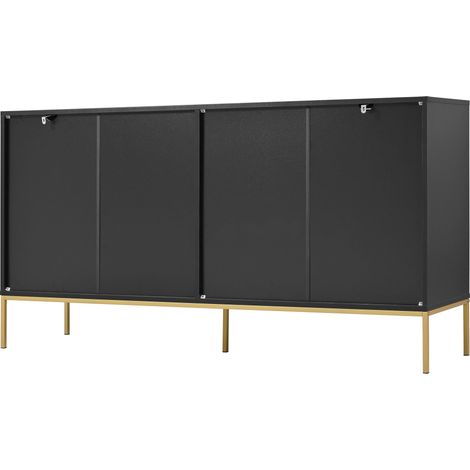 Buffet à quatre portes avec pieds métalliques, meuble TV, armoire, design épuré avec décor de lignes métalliques, noir + doré, dimensions: H 80 cm / L 150 cm / P 40 cm (1/5)
