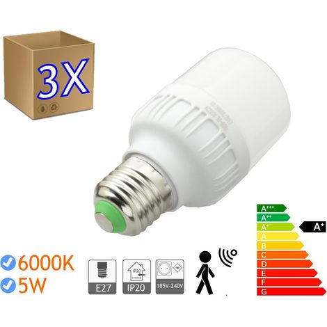 Jandei - 3 x Bombillas LED 5W rosca E27 luz 6000K blanco frío SENSOR Bombillas LED con detector