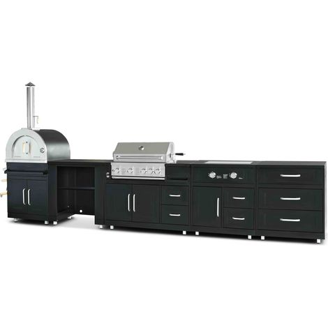 Oviala – Cuisine d'extérieur barbecue gaz 4 brûleurs + four à pizza – Modules de cuisson polyvalents – Dimensions 444 x 66 x 96 cm