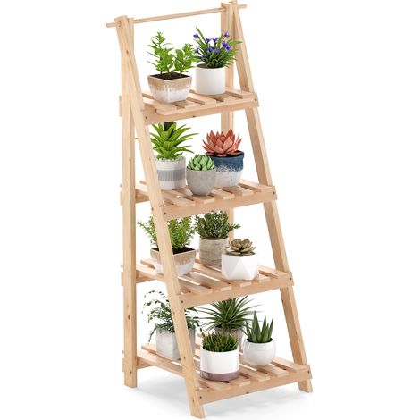 Étagère de Jardin en Bois de Sapin 4 Niveaux, Echelle à Fleurs de 109CM de Hauteur, Support de Plante d'Intérieur Extérieur pour Salon Balcon, Naturel