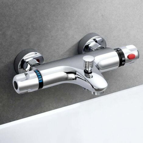 Mitigeur Baignoire Thermostatique en Laiton, Robinet de Douche Thermostatique avec Bouton de Sécurité 38 °C (1/4)
