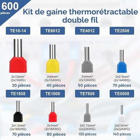 embouts de câble jumelés, 0,5 mm² à 10 mm² Manchons Isolés, Connecteurs de Câble, Assortiment d'embouts de câble pour connexion de fil (1/4)