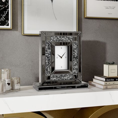 Modern Glam Smoked Mirrored Crystal Table Clock - Decorative Roman Numeral Desk Clock for Bedroom, Living Room, Vanity Accent (1/5)