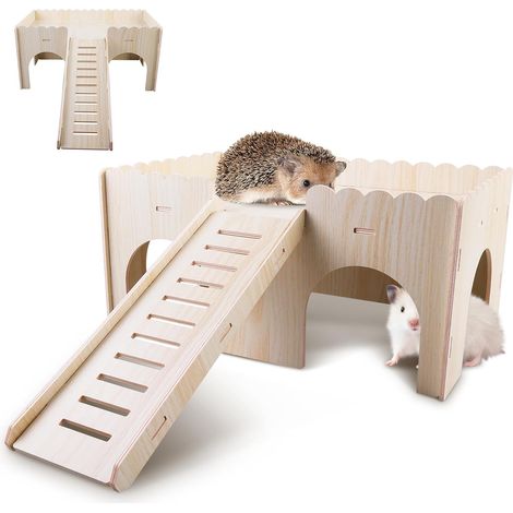 Wooden Guinea Pig Bed Large Guinea Pig House with Ramp and Entrances Guinea Pig Accessory for Chinchilla Hamster Rabbit Ferret 34x24x18cm (1/5)