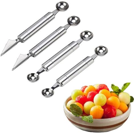 Ensemble de 4 outils pour sculpter les fruits, comprenant une cuillère à melon, une cuillère à melon en acier inoxydable et un outil pour creuser les trous. Idéal pour la cuisine et la maison (1/5)