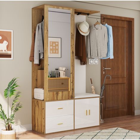 Armario recibidor 100x38x180 cm blanco y natural en tablero de partículas con espejo, banco y zapatero (1/5)