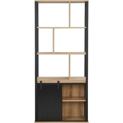 Libreria con spazio portaoggetti e 1 anta scorrevole in MDF e Acciaio Naturale e Nero - YALENA (1/4)