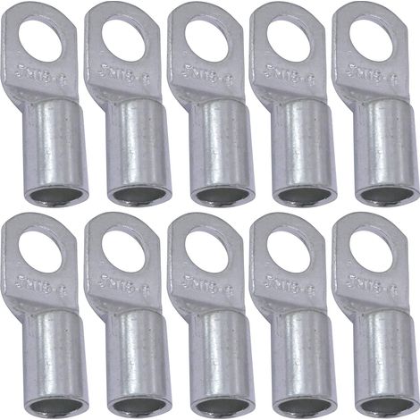 Lot de 10 Cosses Electriques à Oeillet Tubulaire - Oeil - Ø6mm - Non Isolées - pour Conducteur 16mm² - Connecteur de Fil Electrique - Serrage - Couleur Argent