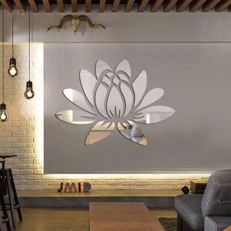3D Acrylique Miroir Fleur de Lotus Sticker Mural Stickers Muraux Auto-Adhésif Amovible Écologique pour la Maison Chambre Salon Salle de Bains Décoration 13.7 x 9.8 Pouces, Argenterie (1/4)
