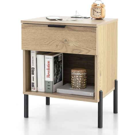 COSTWAY Mid Century Modern Nightstand Bed Side Table w/Charging Station-Natural (1/5)