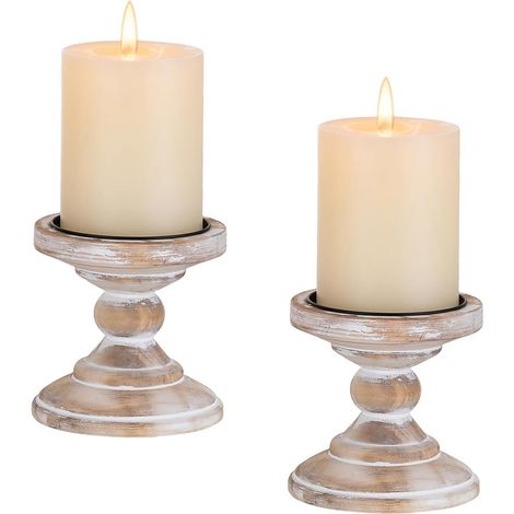 Bougeoir Bois Rustique Blanc: 2 Pcs Supports pour Bougies Piliers (1/5)