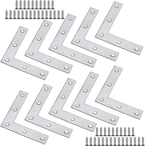 Lot de 10 Équerre à Angle Plat 80 x 80 x 1,5mm en Acier Inoxydable Plus Épaise Équerres Plates en Forme de L pour Fixation des Meubles à Bois tels que Table et Fenêtre et Étagère avec Vis (1/4)