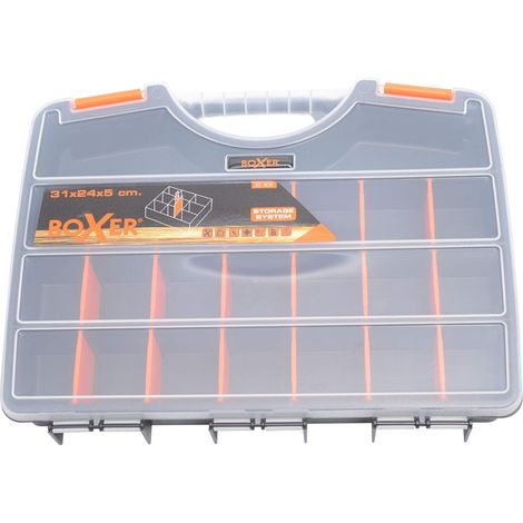 Boîte de Rangement 21 Compartiments – 31x24x5 cm – Séparateurs Amovibles – Plastique Résistant – Noir/Orange/Transparent – Organiseur Polyvalent (1/4)