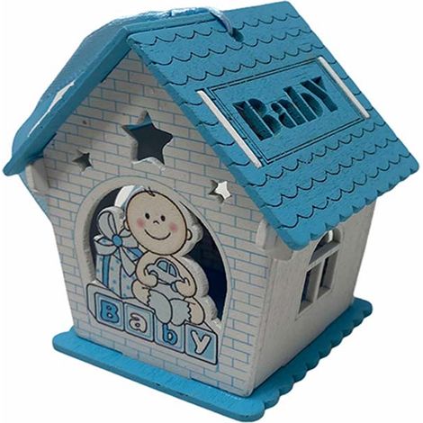 Bomboniera Battesimo scatolina in Legno portaconfetti a casetta per Nascita Bimbo con Regali Celeste (1/5)