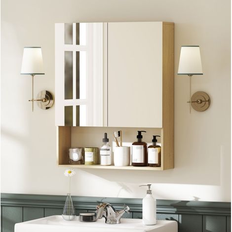 Mobile bagno sospeso con ante a specchio, ripiano aperto, 60 x 16,6 x 75 cm, rovere HAVRYA (1/4)