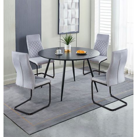 Hallowood Furniture Cullompton Large Dining Table and Chair Set 4, Black Wooden Effect Top Round Kitchen Table and High Back Cantilever Light Grey Dining Chairs, Cafe and Home Kitchen Furniture (1/5)