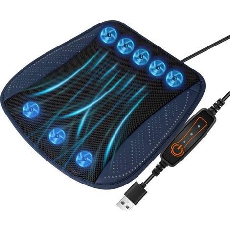VHV – Autositzkissen – Belüftetes Autositzkissen – Kühlendes Sitzkissen – Mit 8 Ventilatoren – 3 Einstellungen – USB-Anschluss – Atmungsaktives Netzgewebe – Für Auto und Büro – 43 x 43 cm – Blau (1/5)