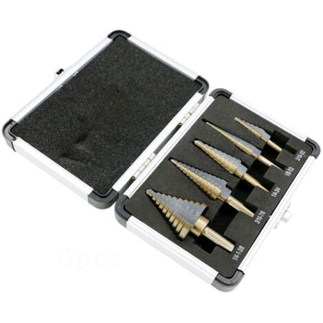 Sollbry Lot de 5 forets étagés en titane, 50 tailles en 5 forets en acier rapide pour tôle avec boîtier en aluminium, forets étagés à trous multiples pour les amateurs de bricolage (1/4)