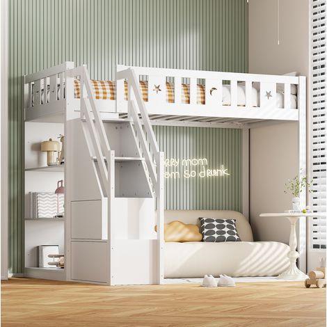 Cama alta de madera de pino blanco de 90x200 cm con escalera de almacenamiento, estantes y base de láminas. (1/5)