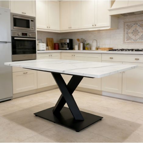 Mesa de comedor 160/80/75 cm blanca y negra con acabado efecto madera y estructura metálica (1/5)
