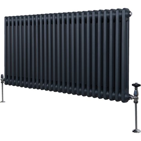 Traditioneller 2-Spalten-Heizkörper 600 x 1192mm  Horizontaler Wandheizkörper  Matt Anthrazit Grau Kohlenstoffstahl  Wohn- Badezimmer Küche [Inkl. Reinigungsbürste, Befestigungsset & Halterungen] (1/5)