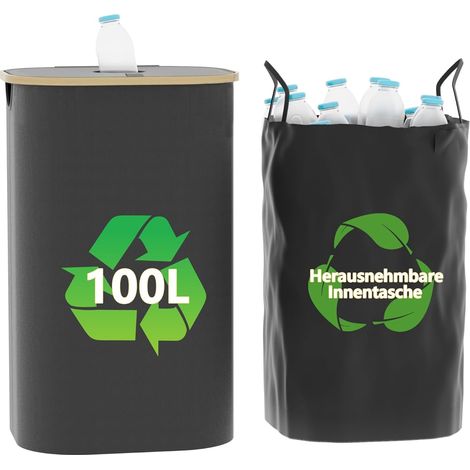Bac de Récupération 100L Pliable avec Couvercle, 1 Sac de Rangement Inclus, Bac de Tri pour Verre, Canettes et Bouteilles Consignées, Tissu Oxford 600D, Lavable et Réutilisable (1/5)