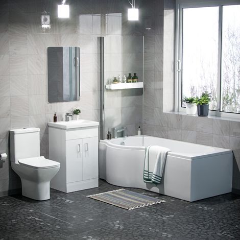 Warton P-Shaped Left Handed Bath, 500mm Floor Standing Vanity Unit and Close Coupled Toilet Suite (1/5)
