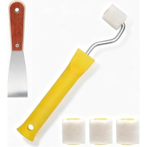 Mini rouleau peinture,Kit avec 4 recharges de 1 pouce, manche 200mm et spatule 1,5 pouce, rouleau à peinture petit format, rouleau laque et rouleau à structure pour travaux précis sur coins et bords (1/5)