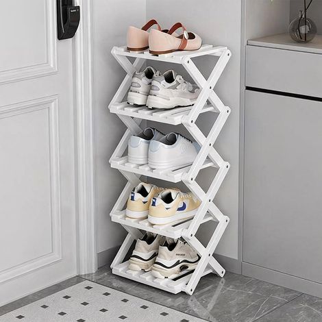 No-Assembly Folding Shoe Rack — 5-Tier Shelving Unit, Ideal for Entryways, Bedrooms, Walk-in Closets, and Living Room Corners — White