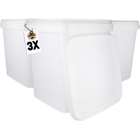3 seaux en plastique avec couvercle, PP, rectangulaire, blanc, qualité alimentaire 10,8 L