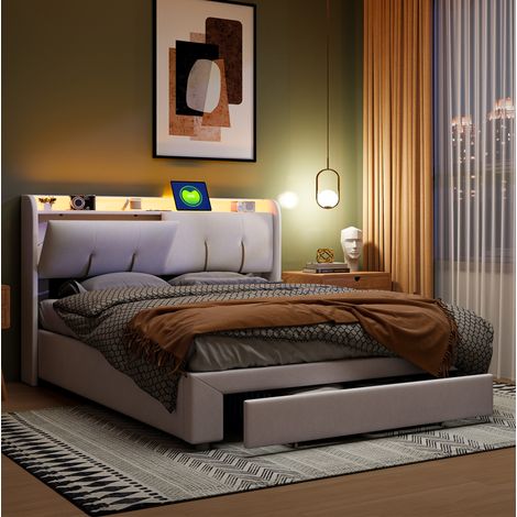Lit coffre 160x200 cm blanc beige en bois massif et MDF avec éclairage et port USB (1/5)