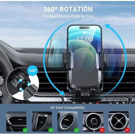 Support Téléphone Voiture Grille Aération Rotatif à 360° porte Voiture telephone avec Un Bouton de Libération Compatible avec iPhone 14 Pro Max et Téléphones 4-7''