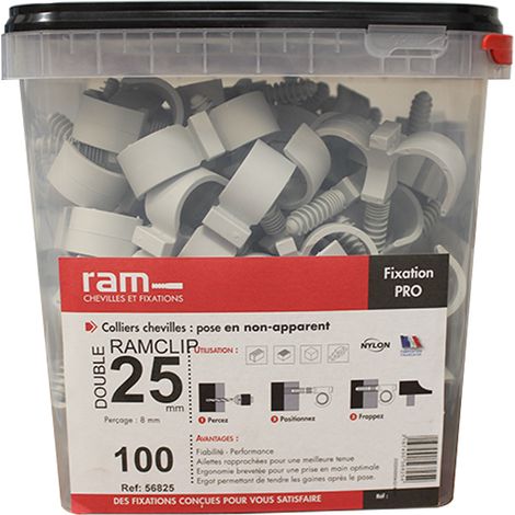 RAM – Colliers de serrage double gris pour tube nu Ø25 – Fixation rapide béton – Ailettes rapprochées pour support creux – Lot de 100