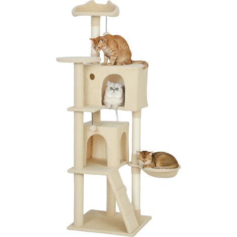 160 cm hoher Katzenspielturm mit Hängematte, Leiter, Versteck, 2 Plüschbällen und Sisalstämmen, 48 x 48 x 160 cm, beige