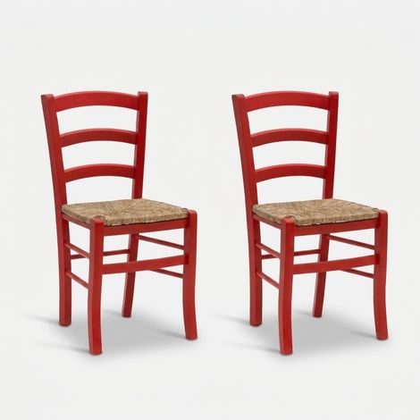Set 2 Esszimmerstühle aus Massivholz mit Strohgeflecht Anna - Rot (1/4)