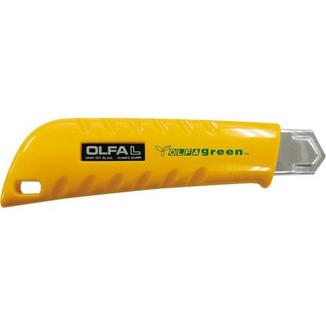 Cutter OLFA en plastique recyclé avec une lame de 18 mm et un verrouillage manuel.