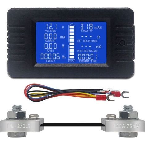 Compteur de batterie DC Voltmètre Ampèremètre Énergie Moniteur d'énergie LCD Multimètre Numérique Tension Courant Cap Ohm Heure SOC Compteur LCD DC 0-200V 100A Shunt (1/4)