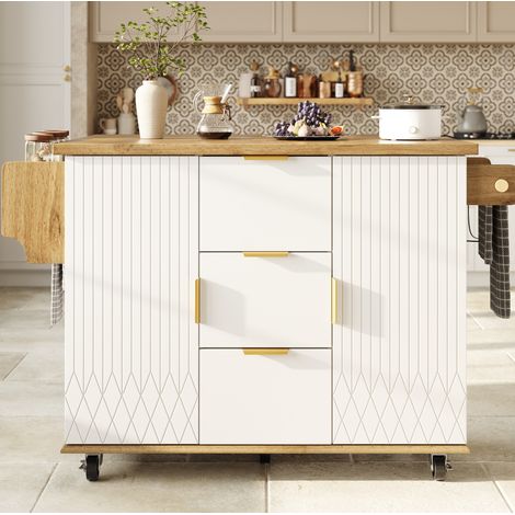 Meuble de cuisine mobile avec plateau rabattable, prises et roulettes, blanc DESVIAE (1/5)