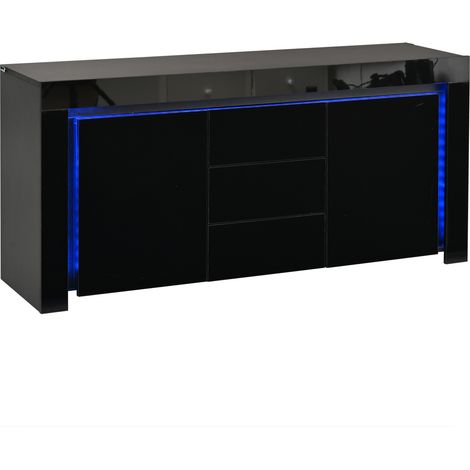 Wohnzimmer-Sideboard 140 x 40 x 65 cm aus MDF, Schwarz Hochglanz, 3 Schubladen, 2 Türen, LED (1/5)